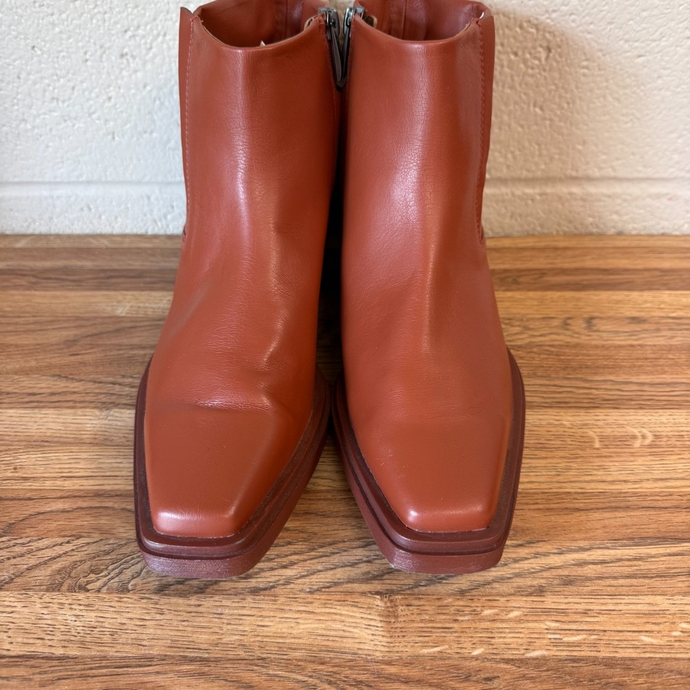 Franco Sarto Women's Brown Leather Ankle Boots Square Toe Block Heel Size 7.5